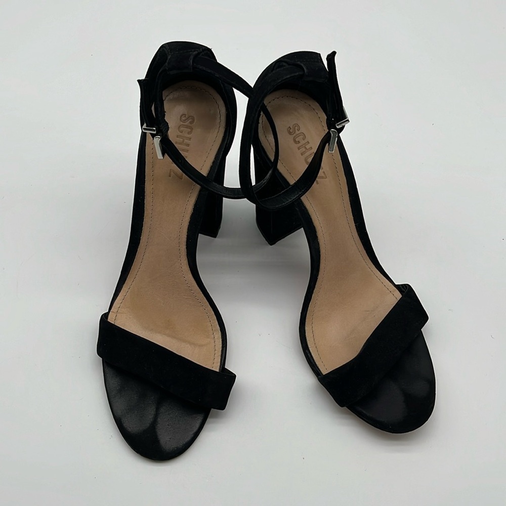 Schutz Black Suede Ankle Strap Open Toe Heels Women Size 8.5 BLEMISH